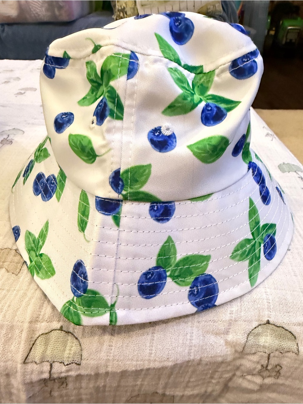 2  hats: Kids Blueberry Print Bucket Hat -White & Blue, strawberry hat